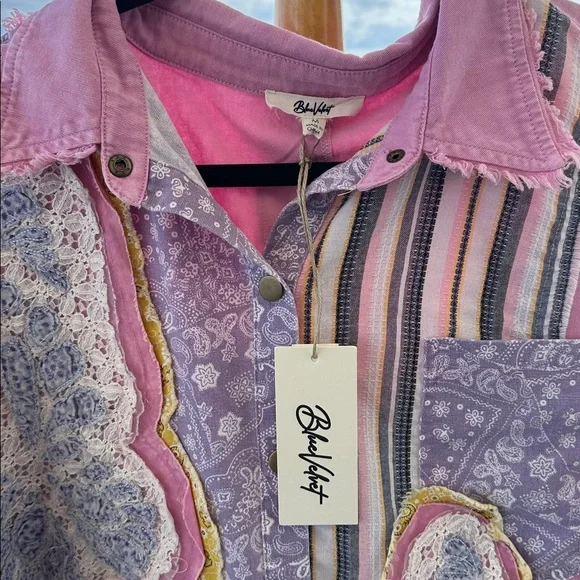 BLUE VELVET NWT Pink and Purple crochet Butterfly Patchwork Shirt - Picture 4 of 12